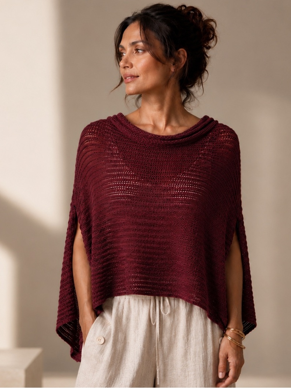 Sarah Pacini Made in Italy Open-Knit 100% Cotton Cowl Shawl |One Size | Burgundy